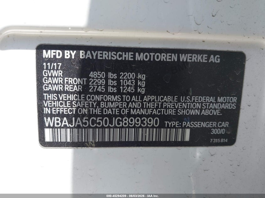 2018 BMW 5er VIN WBAJA5C50JG899390 IAAI salvage auction — FRONT END, Salvage Title, sold $8,675 on 2026-07-06 (photo 9)