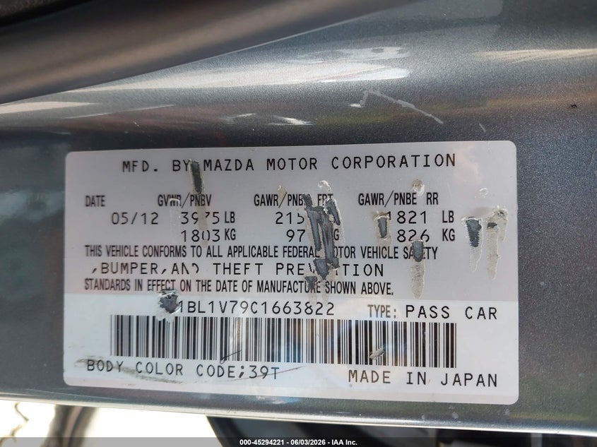 2012 Mazda 3 VIN JM1BL1V79C1663822 IAAI salvage auction — RIGHT FRONT, Salvage Title, sold $550 on 2026-07-15 (photo 9)