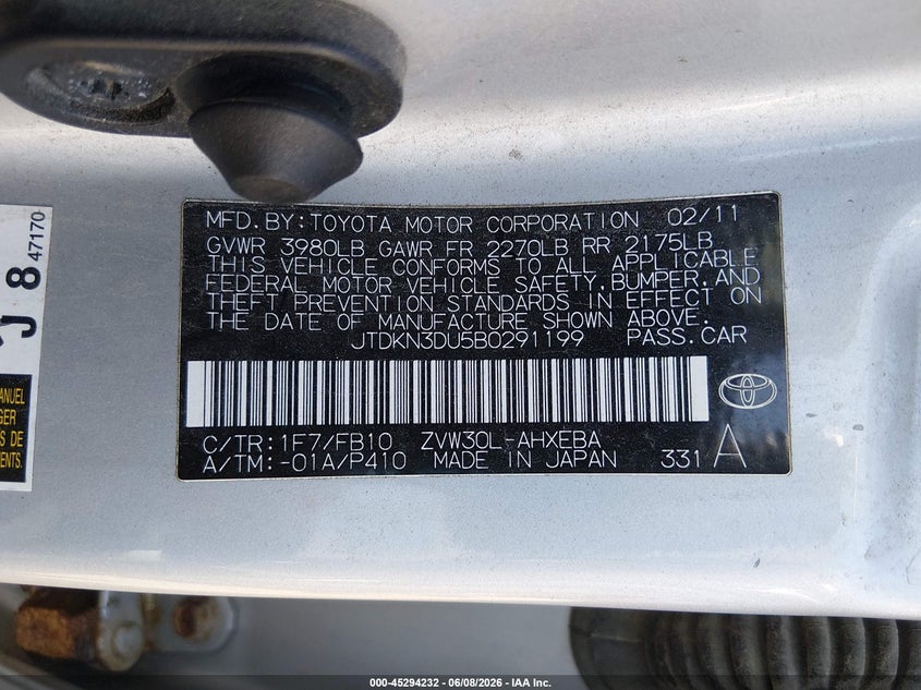2011 Toyota Prius VIN JTDKN3DU5B0291199 IAAI salvage auction — NORMAL WEAR, Original (New Hampshire), sold $950 on 2026-07-08 (photo 9)