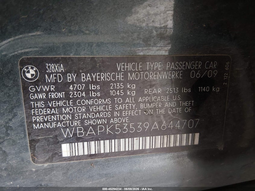 2009 BMW 3 series VIN WBAPK53539A644707 IAAI salvage auction — FRONT END, Bill Of Sale (Washington), sold $925 on 2026-07-08 (photo 9)