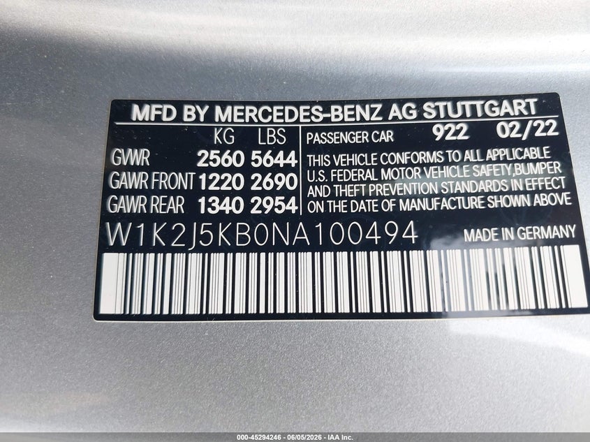 2022 Mercedes-benz VIN W1K2J5KB0NA100494 IAAI salvage auction — FRONT END, Salvage Title, sold $17,300 on 2026-09-07 (photo 9)