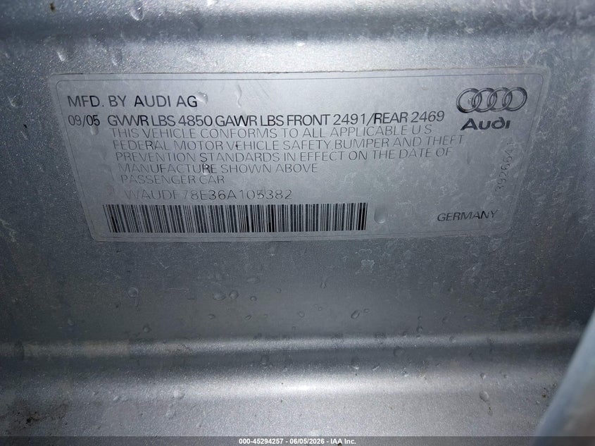 2006 Audi A4 VIN WAUDF78E36A105382 IAAI salvage auction — FRONT END, Salvage (Idaho), sold $75 on 2026-07-10 (photo 9)
