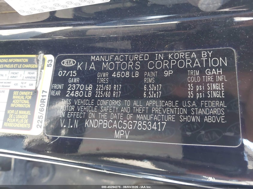 2016 Kia Sportage VIN KNDPBCAC5G7853417 IAAI salvage auction — LEFT FRONT, Salvage Title, sold $900 on 2026-07-07 (photo 9)
