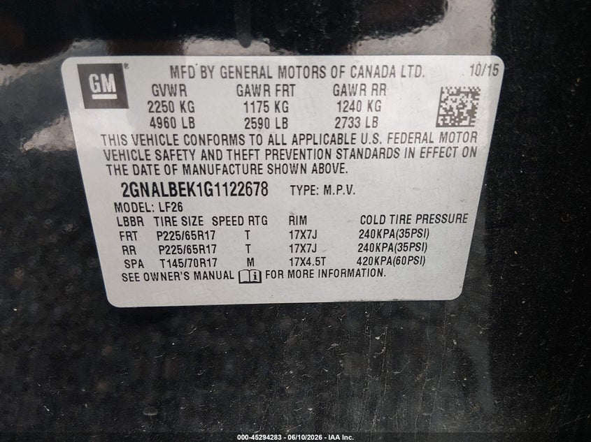 2016 Chevrolet Equinox VIN 2GNALBEK1G1122678 IAAI salvage auction — NORMAL WEAR, Clear (Louisiana), sold $925 on 2026-07-18 (photo 9)
