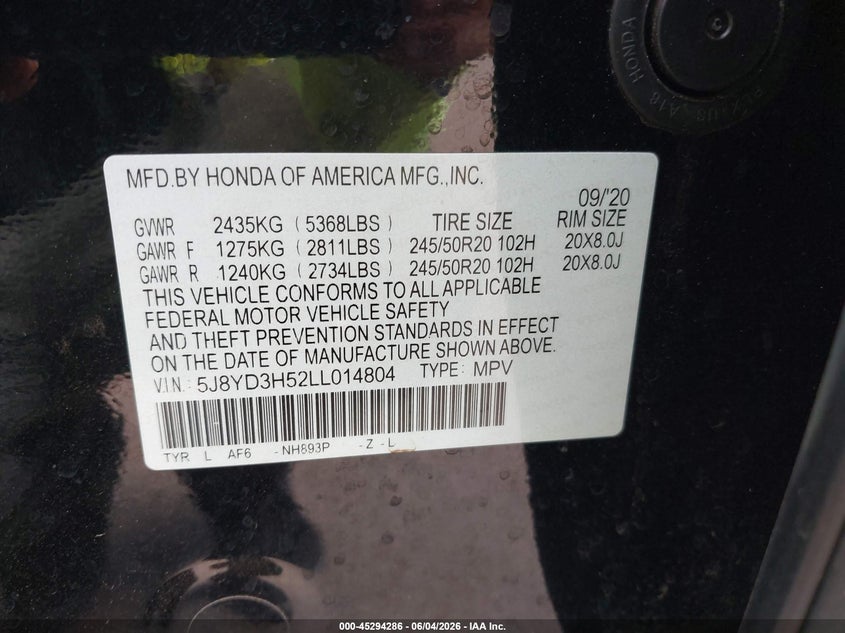 2020 Acura Mdx VIN 5J8YD3H52LL014804 IAAI salvage auction — FRONT END, Salvage (Hawaii), sold $425 on 2026-09-01 (photo 9)