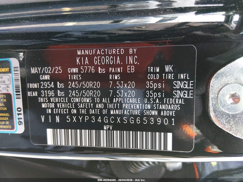 2025 Kia Telluride VIN 5XYP34GCXSG653901 IAAI salvage auction — FRONT END, Rebuildable (Florida), sold $11,250 on 2026-07-30 (photo 9)