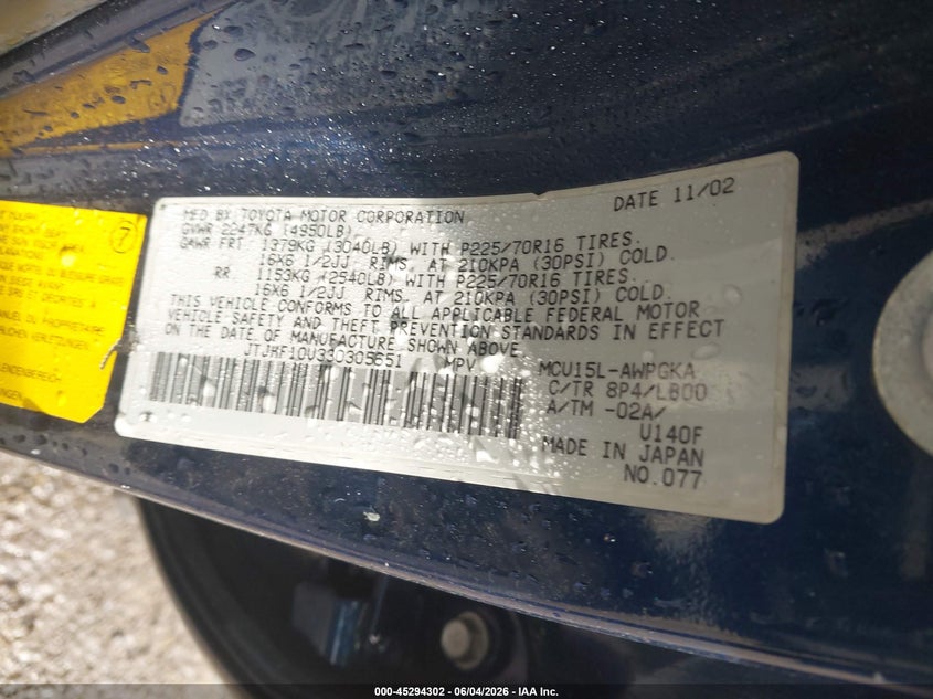 2003 Lexus Rx 300 VIN JTJHF10U330305651 IAAI salvage auction — FRONT & REAR, Bill Of Sale (Washington), sold $275 on 2026-07-07 (photo 9)