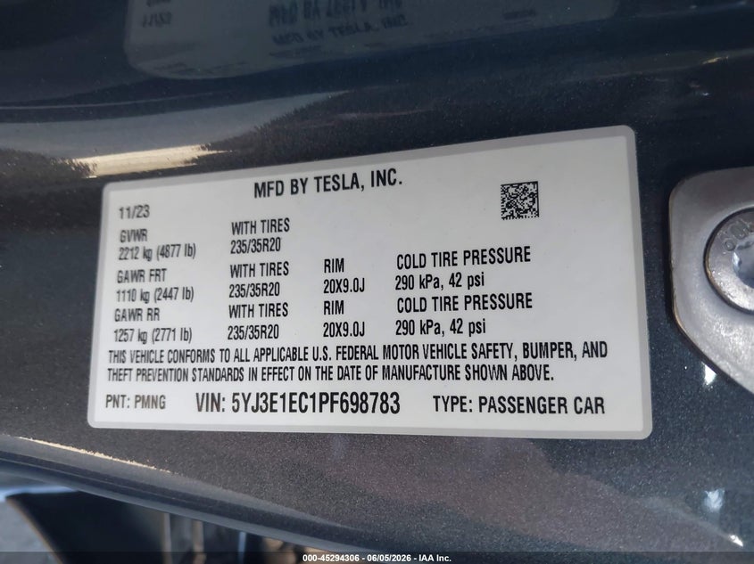 2023 Tesla Model 3 VIN 5YJ3E1EC1PF698783 IAAI salvage auction — RIGHT SIDE, Salvage Title, sold $13,300 on 2026-07-31 (photo 9)