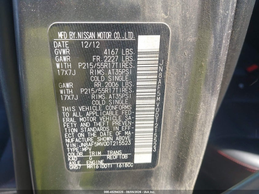 2013 Nissan Juke VIN JN8AF5MV0DT215523 IAAI salvage auction — BIOHAZARD/CHEMICAL, Salvage Title, sold $225 on 2026-07-21 (photo 9)