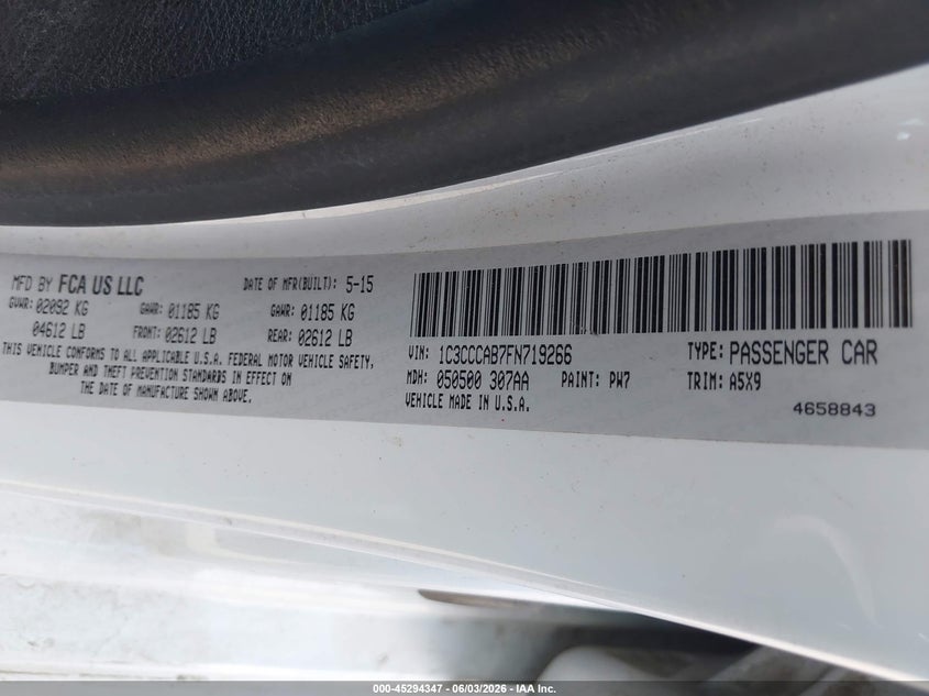 2015 Chrysler 200 VIN 1C3CCCAB7FN719266 IAAI salvage auction — FRONT END, Salvage (Texas), sold $1,025 on 2026-08-24 (photo 9)