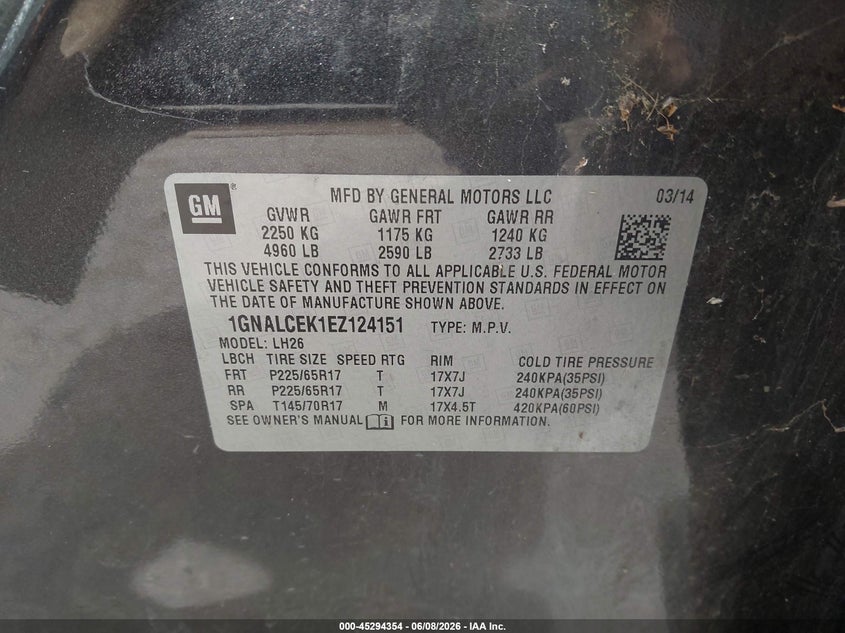 2014 Chevrolet Equinox VIN 1GNALCEK1EZ124151 IAAI salvage auction — NORMAL WEAR, Clear - Dealer Only (California), sold $375 on 2026-07-09 (photo 9)