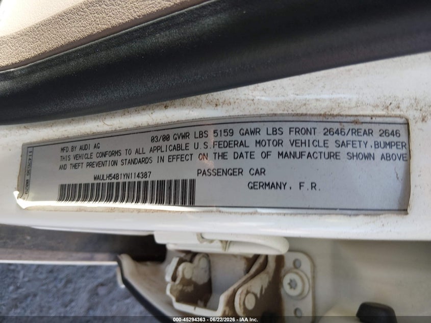 2000 Audi A6 VIN WAULH54B1YN114387 IAAI salvage auction — NORMAL WEAR, Clear (New Mexico), sold $200 on 2026-07-13 (photo 9)