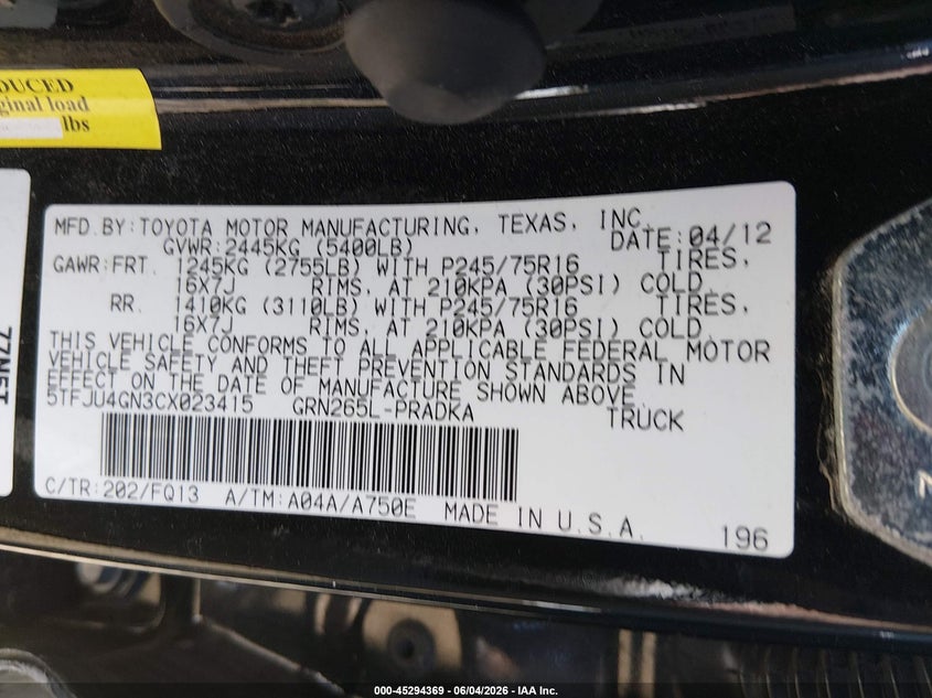2012 Toyota Tacoma VIN 5TFJU4GN3CX023415 IAAI salvage auction — ROLLOVER, Salvage (Oregon), sold $2,200 on 2026-07-27 (photo 9)