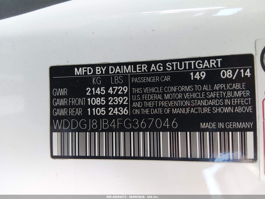 2015 Mercedes-benz C-klasse VIN WDDGJ8JB4FG367046 IAAI salvage auction — RIGHT FRONT, Salvage Title, sold $825 on 2026-07-21 (photo 9)