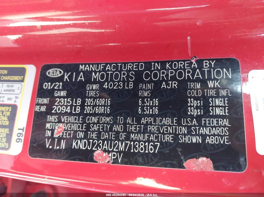 2021 Kia Soul VIN KNDJ23AU2M7138167 IAAI salvage auction — RIGHT REAR, Salvage (Arizona), sold $2,000 on 2026-07-28 (photo 9)