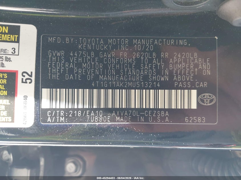 2021 Toyota Camry VIN 4T1G11AK2MU513214 IAAI salvage auction — REAR END, Salvage Title, sold $4,450 on 2026-07-09 (photo 9)
