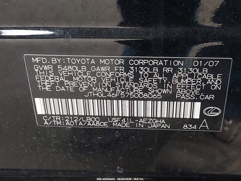 2007 Lexus Ls 460 VIN JTHGL46F575008065 IAAI salvage auction — FRONT END, Bill Of Sale (Washington), sold $1,325 on 2026-07-08 (photo 9)