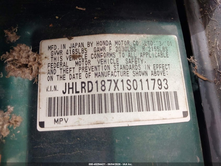 2001 Honda Cr-v VIN JHLRD187X1S011793 IAAI salvage auction — NORMAL WEAR, Salvage (California), sold $550 on 2026-07-09 (photo 9)