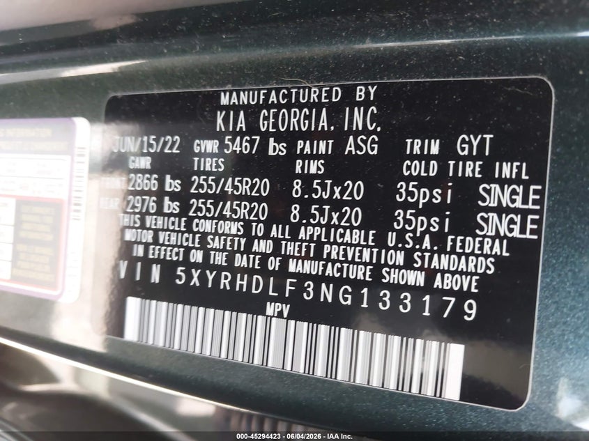 2022 Kia Sorento VIN 5XYRHDLF3NG133179 IAAI salvage auction — LEFT & RIGHT, Mv-907A (New York), sold $5,450 on 2026-07-28 (photo 9)