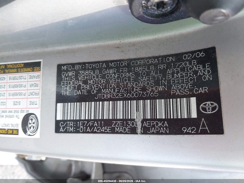 2006 Toyota Corolla VIN JTDBR32EX60073765 IAAI salvage auction — NORMAL WEAR, Clear-Dealer Only (Michigan), sold $600 on 2026-07-07 (photo 9)