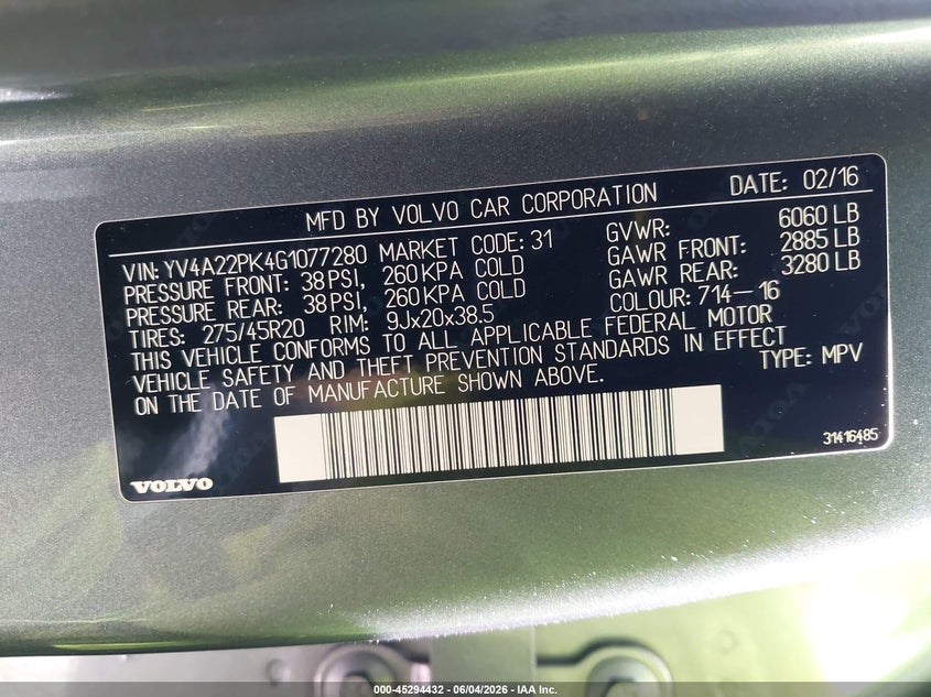2016 Volvo Xc90 VIN YV4A22PK4G1077280 IAAI salvage auction — SIDE, Salvage Title, sold $5,700 on 2026-07-14 (photo 9)