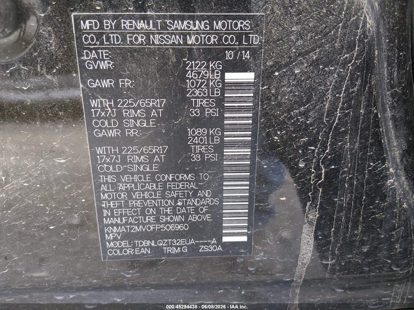 2015 Nissan Rogue VIN KNMAT2MV0FP506960 IAAI salvage auction — RIGHT REAR, Clear (Tennessee), sold $475 on 2026-07-30 (photo 9)