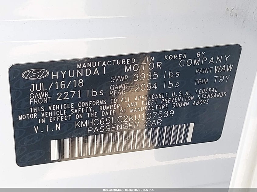 2019 Hyundai Ioniq VIN KMHC65LC2KU107539 IAAI salvage auction — FRONT & REAR, Salvage (California), sold $1,475 on 2026-07-29 (photo 9)