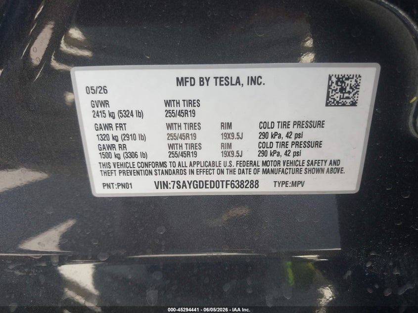 2026 Tesla Model y VIN 7SAYGDED0TF638288 IAAI salvage auction — RIGHT REAR, Salvage (Arizona), sold $15,450 on 2026-07-28 (photo 9)