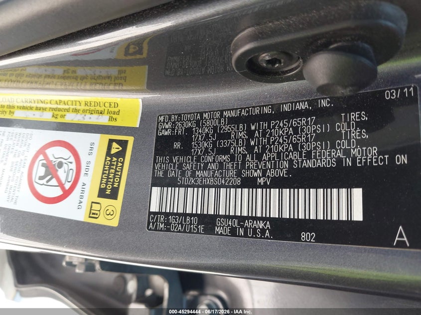 2011 Toyota Highlander VIN 5TDZK3EHXBS042208 IAAI salvage auction — RIGHT SIDE, Salvage (Texas), sold $2,750 on 2026-07-21 (photo 9)