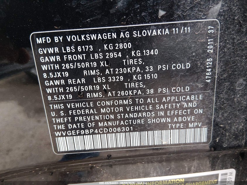 2012 Volkswagen Touareg VIN WVGEF9BP4CD006301 IAAI salvage auction — HAIL, Clear (Oklahoma), sold $2,200 on 2026-08-04 (photo 9)