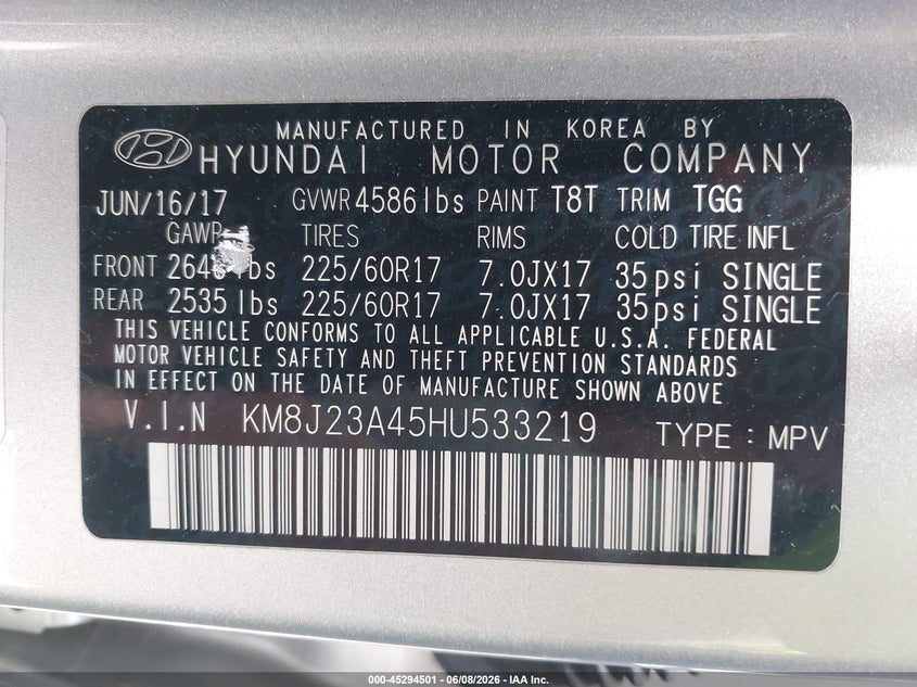 2017 Hyundai Tucson VIN KM8J23A45HU533219 IAAI salvage auction — THEFT, Salvage Title, sold $2,950 on 2026-08-02 (photo 9)