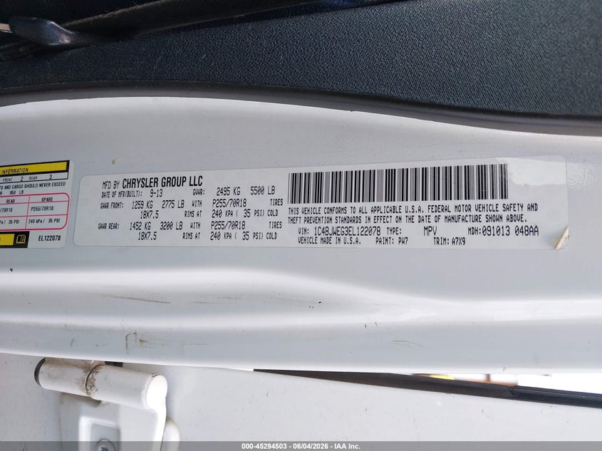 2014 Jeep Wrangler / VIN 1C4BJWEG3EL122078 IAAI salvage auction — LEFT FRONT, Salvage Title, sold $5,300 on 2026-07-23 (photo 9)