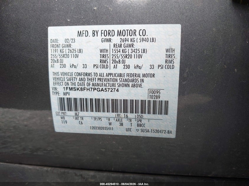 2023 Ford Explorer VIN 1FMSK8FH7PGA57274 IAAI salvage auction — SIDE, Salvage Title, sold $6,800 on 2026-07-22 (photo 9)