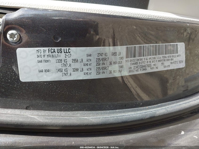 2017 Chrysler Pacifica VIN 2C4RC1DG0HR676655 IAAI salvage auction — HAIL, Salvage Title, sold $2,425 on 2026-07-22 (photo 9)
