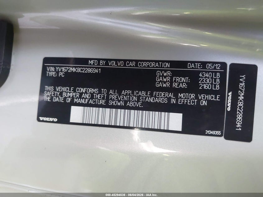 2012 Volvo C30 VIN YV1672MK8C2286941 IAAI salvage auction — RIGHT FRONT, Salvage Title, sold $800 on 2026-07-14 (photo 9)