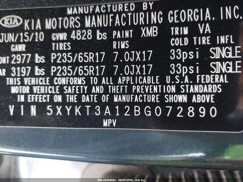 2011 Kia Sorento VIN 5XYKT3A12BG072890 IAAI salvage auction — NORMAL WEAR, Clear - Dealer Only (California), sold $550 on 2026-07-09 (photo 9)