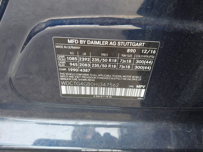 2017 Mercedes-benz Gla-klasse VIN WDCTG4GB0HJ347562 IAAI salvage auction — REAR END, Salvage Title, sold $25 on 2026-07-28 (photo 9)