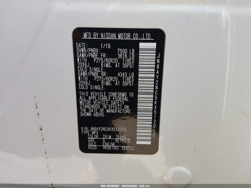 2019 Nissan Armada VIN JN8AY2NC5KX512010 IAAI salvage auction — FRONT END, Salvage Title, sold $8,100 on 2026-07-23 (photo 9)
