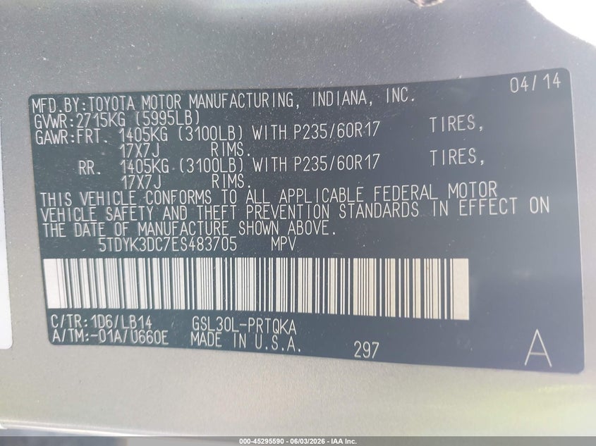 2014 Toyota Sienna VIN 5TDYK3DC7ES483705 IAAI salvage auction — FRONT END, Salvage Title, sold $2,300 on 2026-07-30 (photo 9)