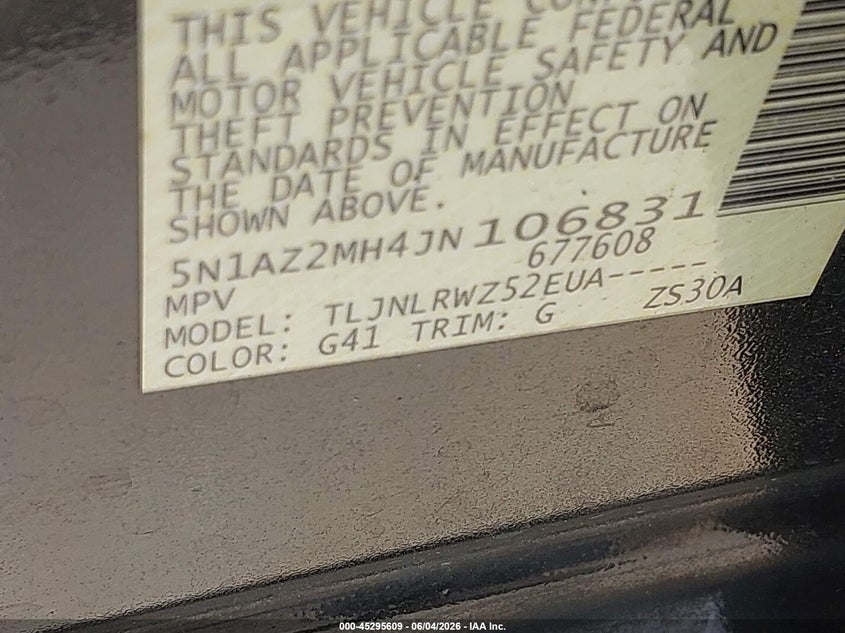 2018 Nissan Murano VIN 5N1AZ2MH4JN106831 IAAI salvage auction — HAIL, Salvage Title, sold $3,225 on 2026-07-24 (photo 9)