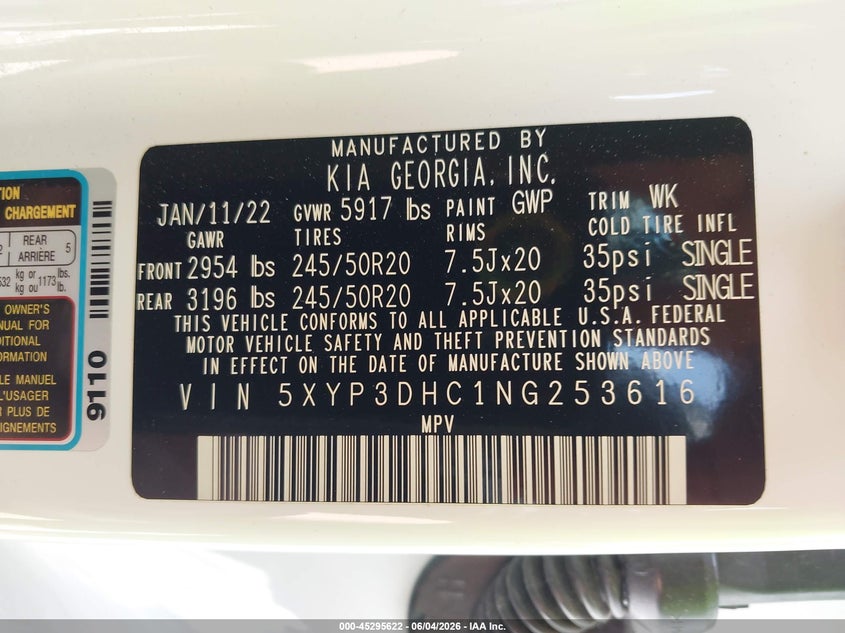2022 Kia Telluride VIN 5XYP3DHC1NG253616 IAAI salvage auction — FRONT END, Salvage Title, sold $5,350 on 2026-07-20 (photo 9)