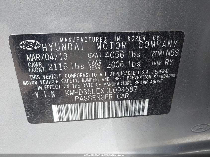 2013 Hyundai Elantra VIN KMHD35LEXDU094587 IAAI salvage auction — FRONT END, Salvage Title, sold $675 on 2026-07-22 (photo 9)
