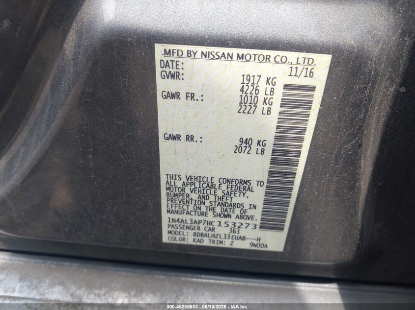 2017 Nissan Altima VIN 1N4AL3AP7HC153273 IAAI salvage auction — REAR END, Salvage - Greater Than 75% (Maryland), sold $675 on 2026-07-24 (photo 9)