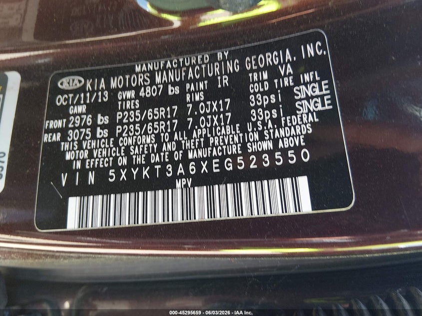 2014 Kia Sorento VIN 5XYKT3A6XEG523550 IAAI salvage auction — FRONT END, Salvage Title, sold $1,350 on 2026-07-17 (photo 9)