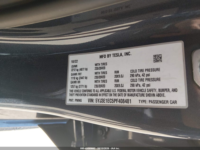 2023 Tesla Model 3 VIN 5YJ3E1EC5PF408481 IAAI salvage auction — REAR END, Salvage (Tennessee), sold $13,200 on 2026-07-08 (photo 9)