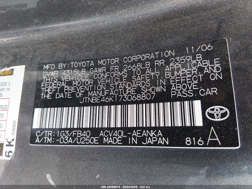 2007 Toyota Camry VIN JTNBE46K173068807 IAAI salvage auction — NORMAL WEAR, Original (Texas), sold $700 on 2026-07-20 (photo 9)