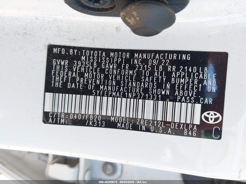 2022 Toyota Corolla VIN 5YFEPMAE1NP371331 IAAI salvage auction — FRONT END, Salvage Title, sold $4,300 on 2026-08-01 (photo 9)