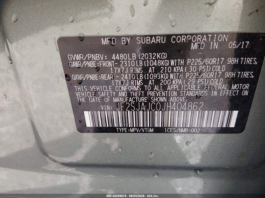 2018 Subaru Forester VIN JF2SJAJC0JH404862 IAAI salvage auction — FRONT END, Salvage Title, sold $525 on 2026-07-24 (photo 9)