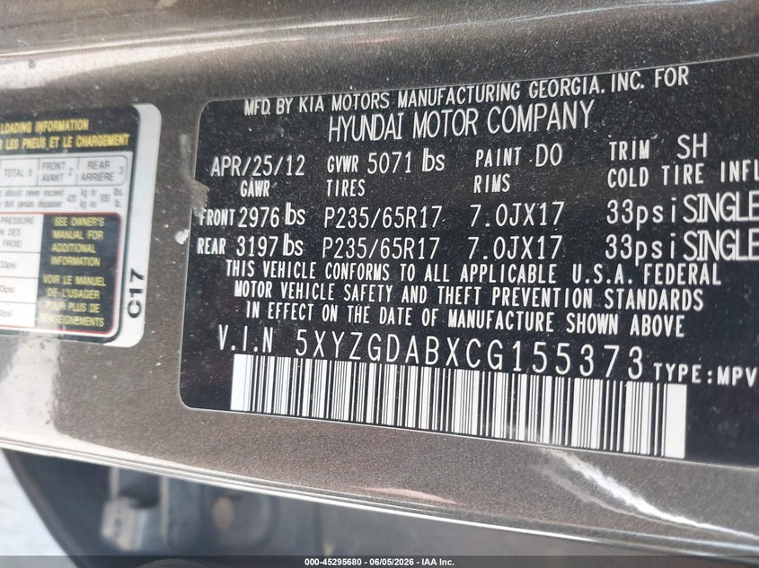 2012 Hyundai Santa fe VIN 5XYZGDABXCG155373 IAAI salvage auction — LEFT FRONT, Salvage Title, sold $375 on 2026-07-22 (photo 9)