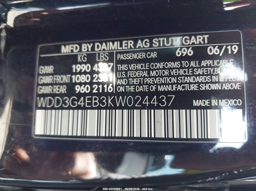 2019 Mercedes-benz A-klasse VIN WDD3G4EB3KW024437 IAAI salvage auction — FRONT END, Salvage Title, sold $3,150 on 2026-07-22 (photo 9)